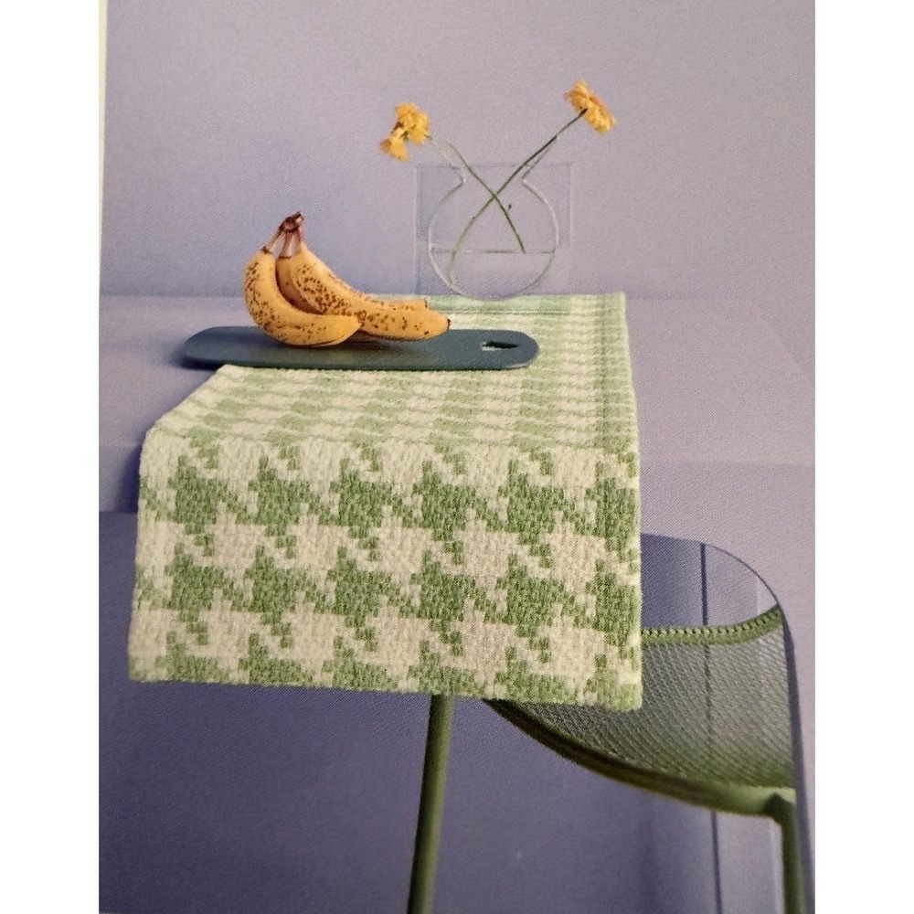 Room Essentials Table Runner Home 14x72 Green Houndstooth Woven Cotton NEW